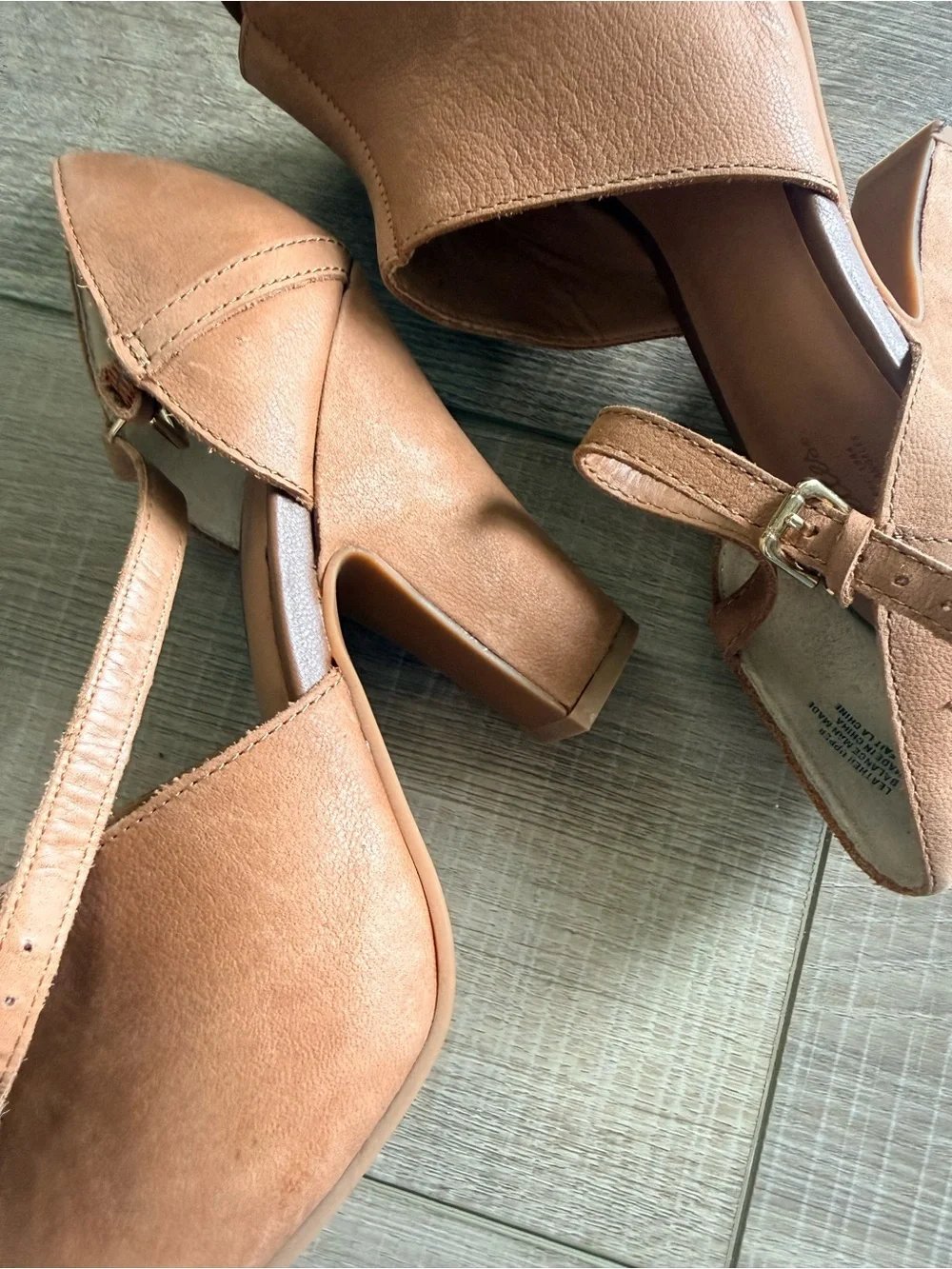 Leather Suede Peep-Toe Ankle Strap Heels in Tan